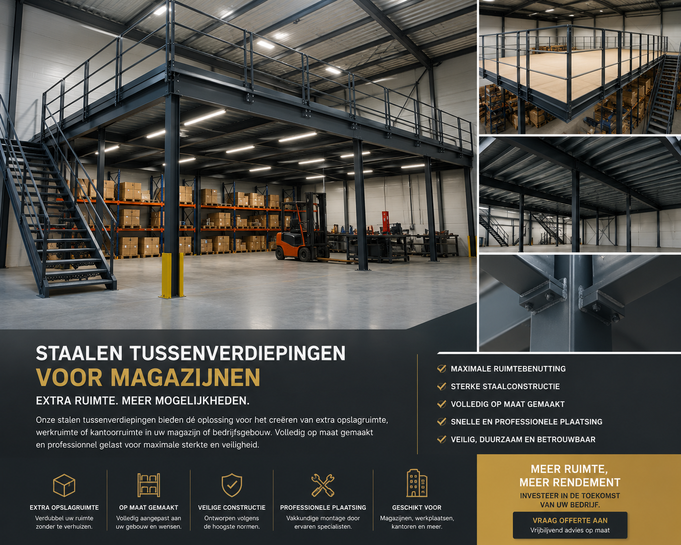 Stalen tussenverdieping op maat voor magazijn en industriële opslagruimte